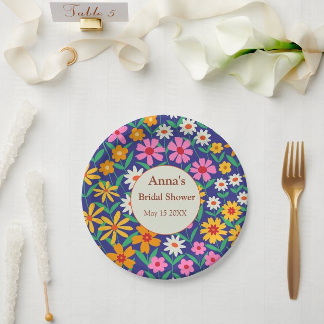 Retro Boho Pink Orange Floral Bridal Shower  Paper Plates (Wedding)