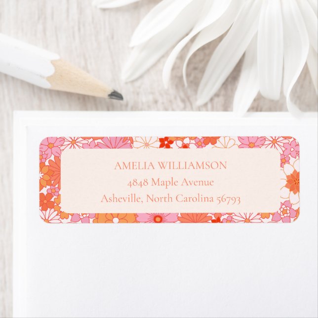 Retro Boho Pink Orange Floral Custom Baby Shower Label (Insitu)