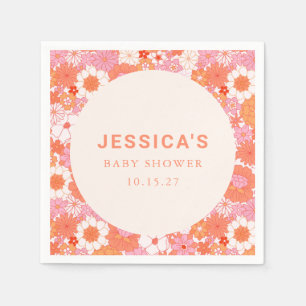 Retro Boho Pink Orange Floral Custom Baby Shower Napkins