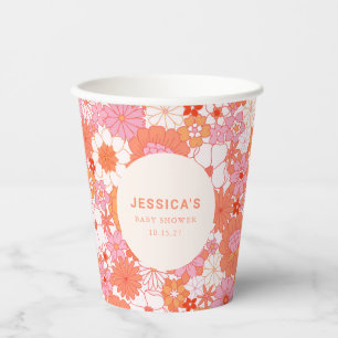 Retro Boho Pink Orange Floral Custom Baby Shower Paper Cups