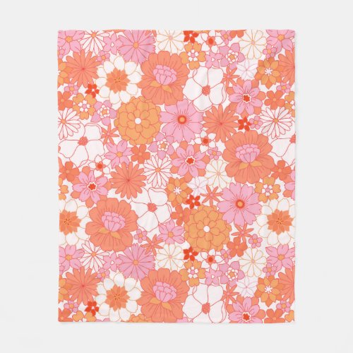 Retro Boho Pink Orange Floral Cute Flowers Fleece Blanket