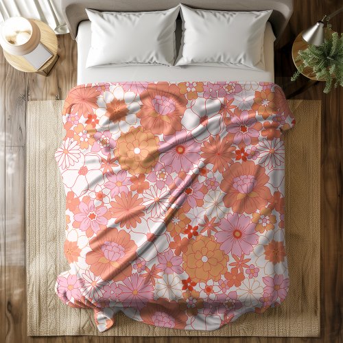 Retro Boho Pink Orange Floral Cute Flowers Fleece Blanket