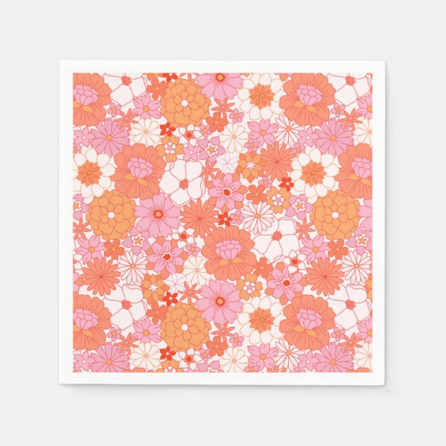 Retro Boho Pink Orange Floral Cute Flowers Napkins (Front)