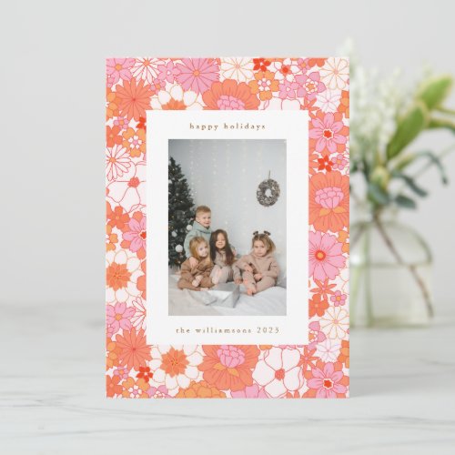 Retro Boho Pink Orange Floral Cute Photo Holiday Card