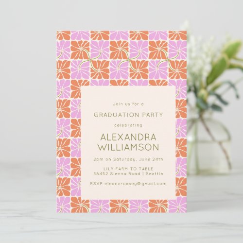 Retro Boho Pink Orange Floral Graduation Party