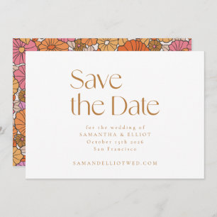 Retro Boho Pink Orange Floral Minimalist Wedding Save The Date