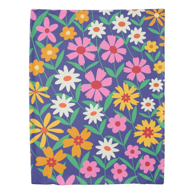 Retro Boho Pink orange Floral Pattern on navy blue Duvet Cover (Front)