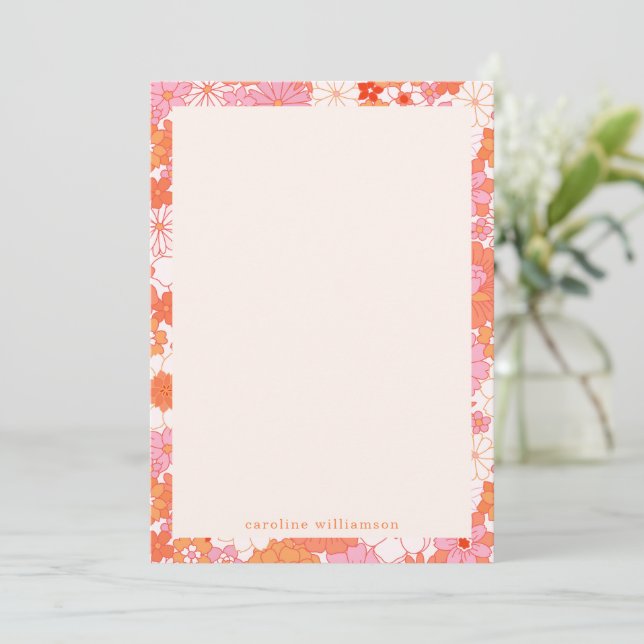 Retro Boho Pink Orange Floral Personalized Name Note Card (Standing Front)