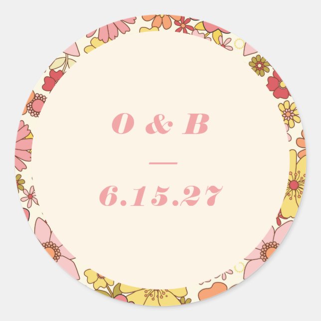 Retro Boho Pink Orange Floral Wedding Monogram Classic Round Sticker (Front)