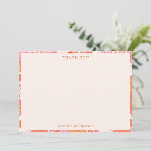 Retro Boho Pink Orange Flowers Personalized Name Thank You Card