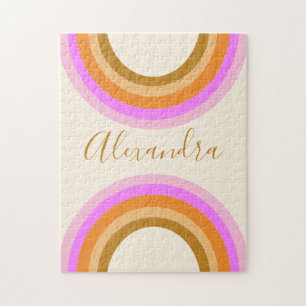 Retro Boho Pink Rainbow Personalized Name Jigsaw Puzzle