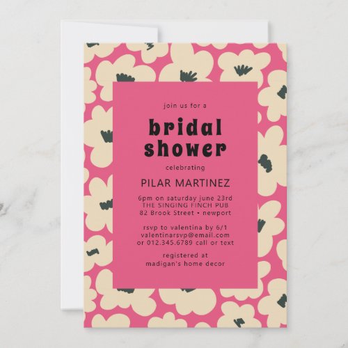 Retro Boho Pink White Black Floral Bridal Shower Invitation