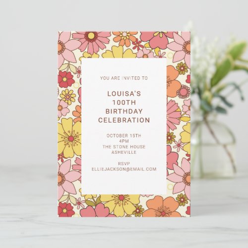 Retro Boho Pink Yellow Floral 100th Birthday Party Invitation