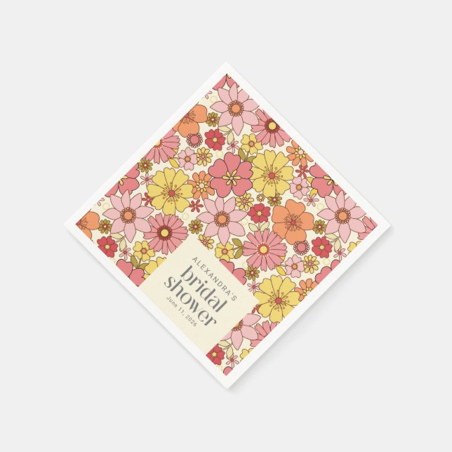 Retro Boho Pink Yellow Floral Bridal Shower Custom Napkins (Corner)