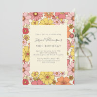 Retro Boho Pink Yellow Floral Groovy 50th Birthday