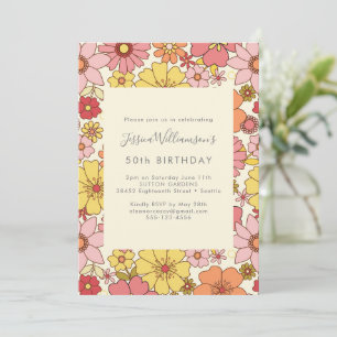 Retro Boho Pink Yellow Floral Groovy 50th Birthday Invitation