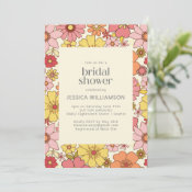Retro Boho Pink Yellow Floral Groovy Bridal Shower Invitation
