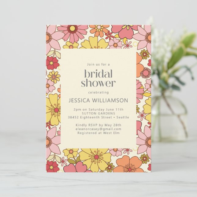 Retro Boho Pink Yellow Floral Groovy Bridal Shower Invitation (Standing Front)