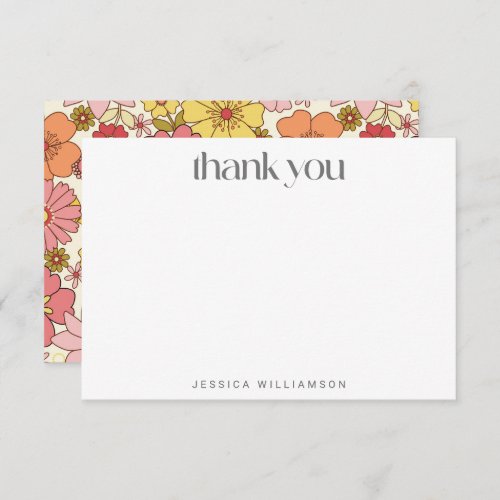 Retro Boho Pink Yellow Floral Groovy Bridal Shower Thank You Card