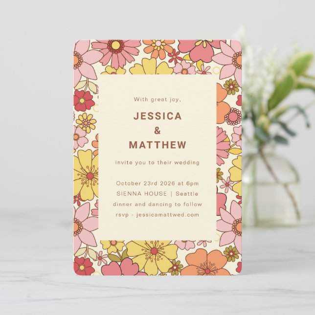 Retro Boho Pink Yellow Floral Groovy Wedding Invitation (Standing Front)
