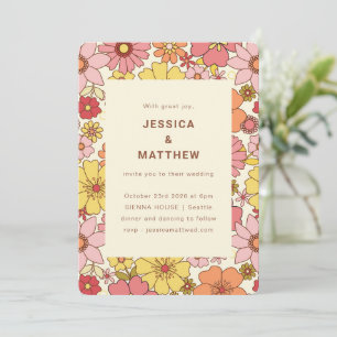 Retro Boho Pink Yellow Floral Groovy Wedding Invitation