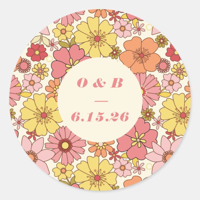 Retro Boho Pink Yellow Floral Wedding Monogram Classic Round Sticker (Front)