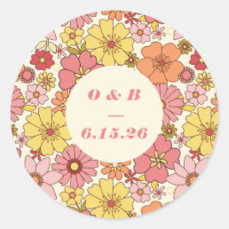 Retro Boho Pink Yellow Floral Wedding Monogram Classic Round Sticker