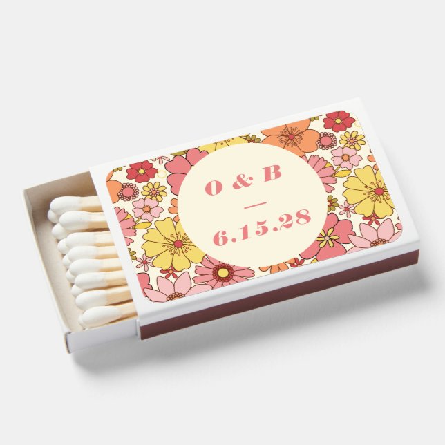 Retro Boho Pink Yellow Floral Wedding Monogram Matchboxes (Front Open)