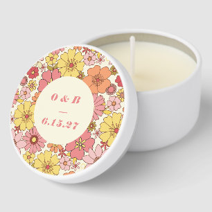 Retro Boho Pink Yellow Floral Wedding Monogram Mini Candle Favors