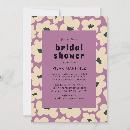 Retro Boho Purple White Black Floral Bridal Shower Invitation