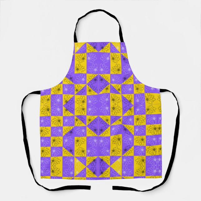 Retro Boho Purple & Yellow Daisy Checkerboard Apron (Front)