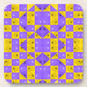 Retro Boho Purple & Yellow Daisy Checkerboard Beverage Coaster
