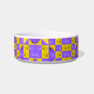 Retro Boho Purple & Yellow Daisy Checkerboard Bowl