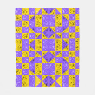 Retro Boho Purple & Yellow Daisy Checkerboard Fleece Blanket