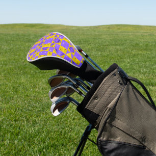Retro Boho Purple & Yellow Daisy Checkerboard Golf Head Cover