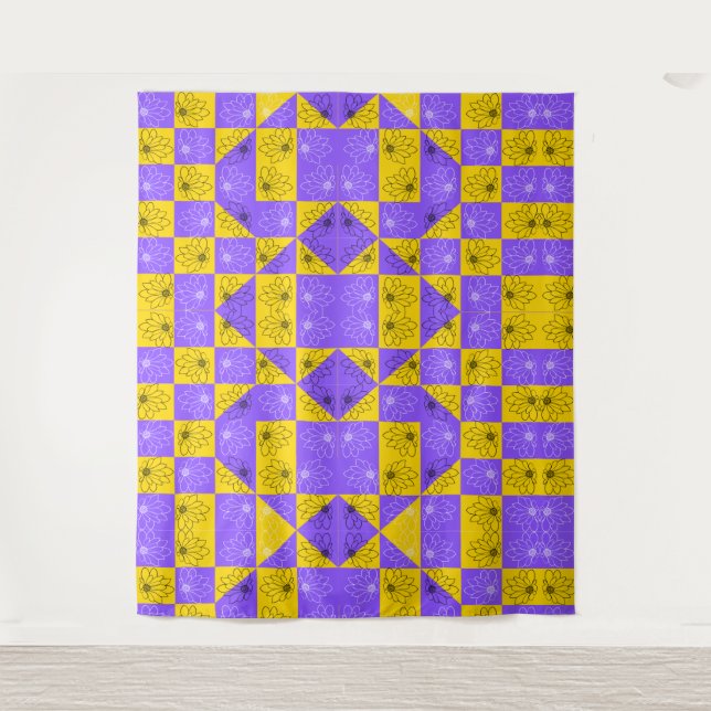 Retro Boho Purple & Yellow Daisy Checkerboard Tapestry (Front)