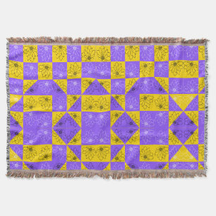 Retro Boho Purple & Yellow Daisy Checkerboard Throw Blanket