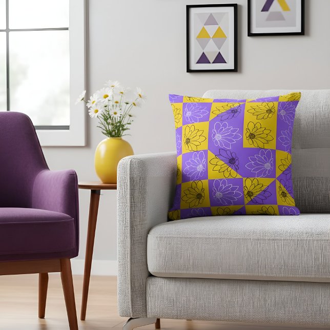 Retro Boho Purple & Yellow Daisy Checkerboard Throw Pillow (Creator Uploaded)