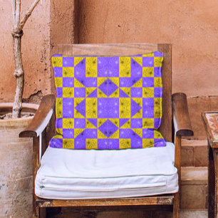Retro Boho Purple & Yellow Daisy Checkerboard Throw Pillow