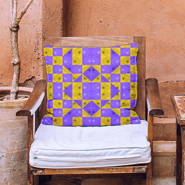 Retro Boho Purple & Yellow Daisy Checkerboard Throw Pillow (Creator Uploaded)