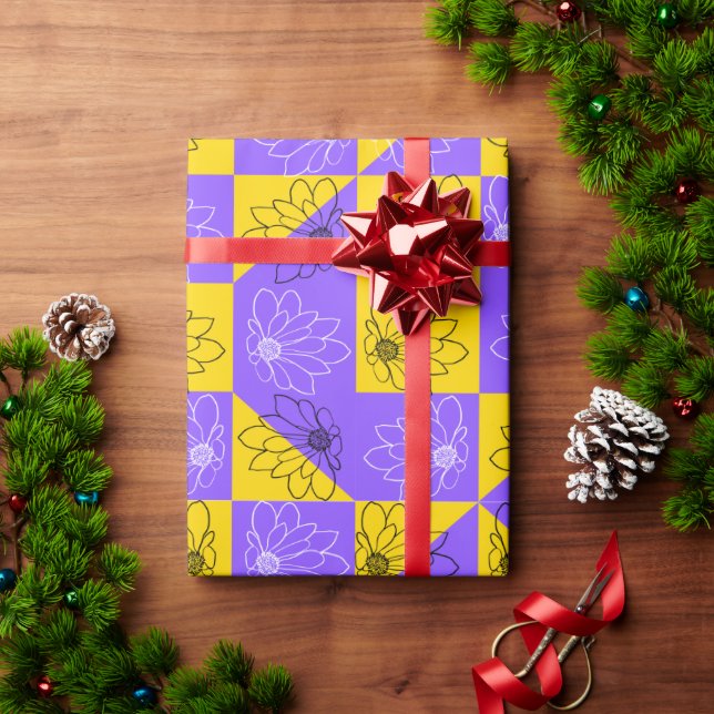 Retro Boho Purple & Yellow Daisy Checkerboard Wrapping Paper (Holiday Gift)