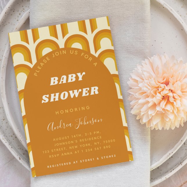 Retro Boho Rainbow Arch 60s 70s Orange Baby Shower Invitation (Creator Uploaded)