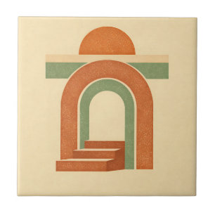 Retro Boho Rainbow Arch Minimalist Design Ceramic Tile