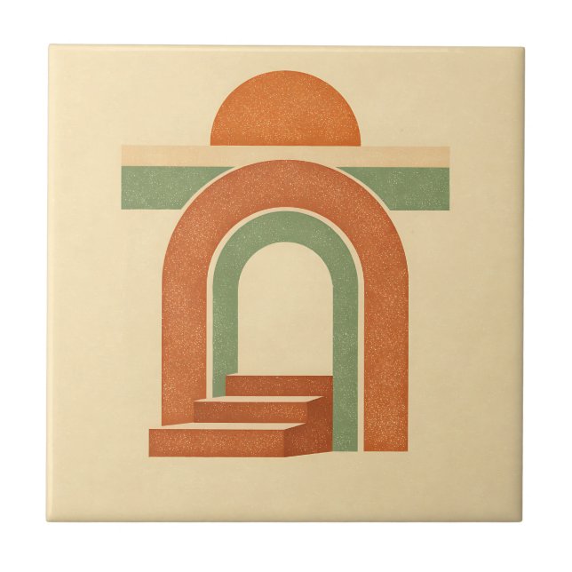 Retro Boho Rainbow Arch Minimalist Design Ceramic Tile (Front)