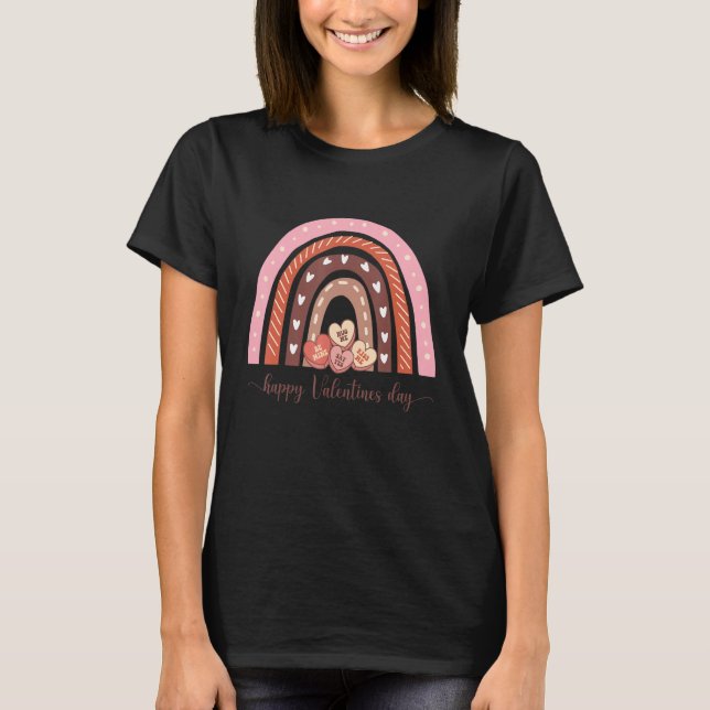 Retro Boho Rainbow Cute Pink Heart Happy Valentine T-Shirt (Front)