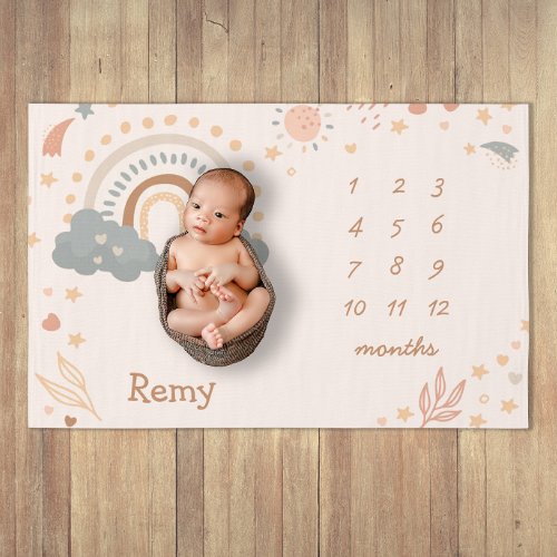 Retro Boho Rainbow Rust Baby Milestone Months Baby Blanket