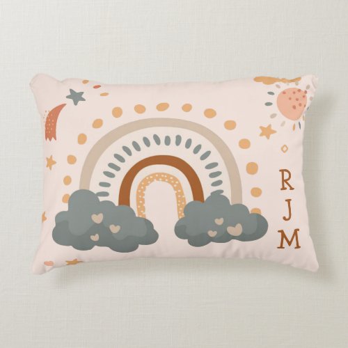 Retro Boho Rainbow Rust Baby Monogram Accent Pillow