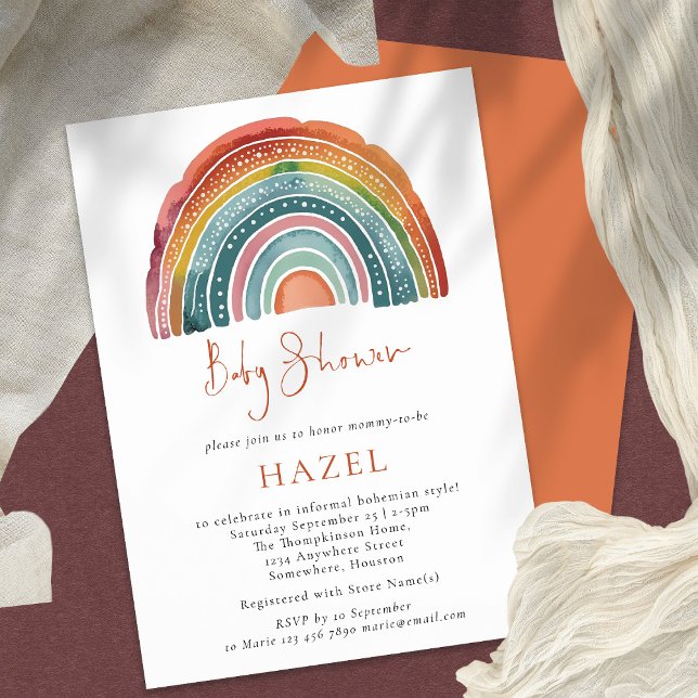 Retro Boho Rainbow Script Bohemian Baby Shower Invitation (Creator Uploaded)