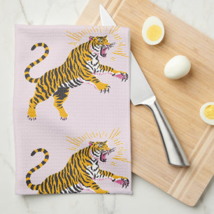 Retro Boho Roaring Tiger Orange Pink Kitchen Towel