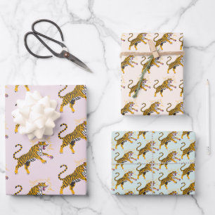 Retro Boho Roaring Tiger Orange Pink Wrapping Paper Sheets